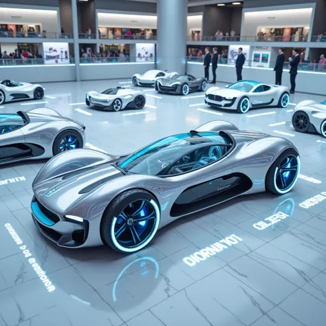  Exhibition at the Autopark Store Customers are looking at Cars of the Future fly without wheels no wheels in cars gravity wheels on cars gravity wheels on cars float in the air with neon rims and diamond-shaped doors that open, beautiful transparent windo...