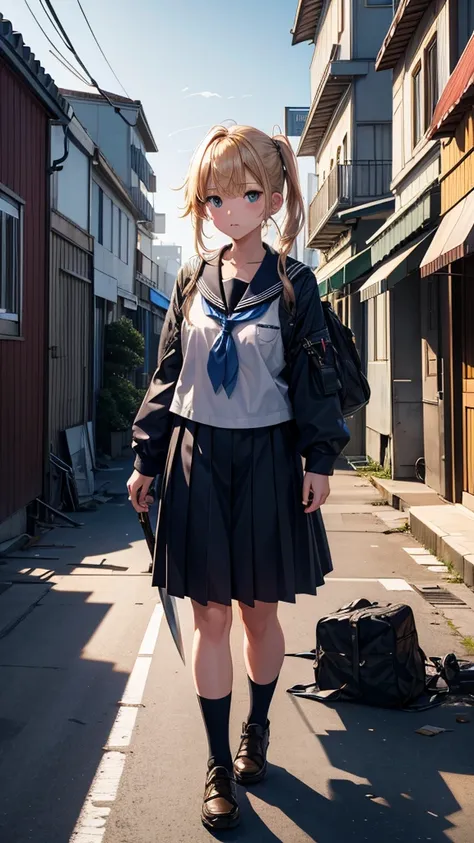 Best Quality, Realistic, photoRealistic,, Cinematic Light, 、 port town damaged by the earthquake and tsunami、Rough Streetscapes 、 has tattoos 、 armed high school girl 、 cute high school girl looking sideways、 blond high school girl equipped with a sword、 f...