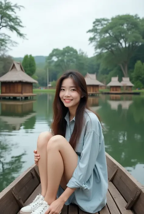 Wide portrait of a Korean woman with long hair, wearing a shirt dress, sneakers, sitting on a wooden boat in the middle of a calm lake. in the distance there are several small wooden huts with thatched roofs, the walls and floors are made of unique triangu...