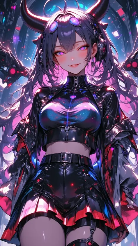 One young and beautiful woman,(Best Quality, very detailed depiction, Incredibly Absurd High Resolution ,High quality anime drawings:2.0),(Virtual idol wearing a cyber-inspired villain costume ),( Action Poses Like a Sci-fi Hero Show ),( The design combine...