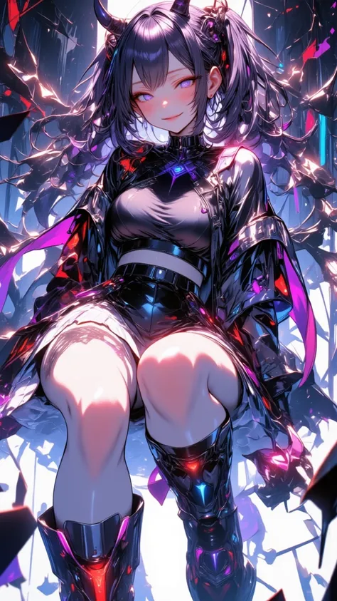 One young and beautiful woman,(Best Quality, very detailed depiction, Incredibly Absurd High Resolution ,High quality anime drawings:2.0),(Virtual idol wearing a cyber-inspired villain costume ),( Action Poses Like a Sci-fi Hero Show ),( The design combine...