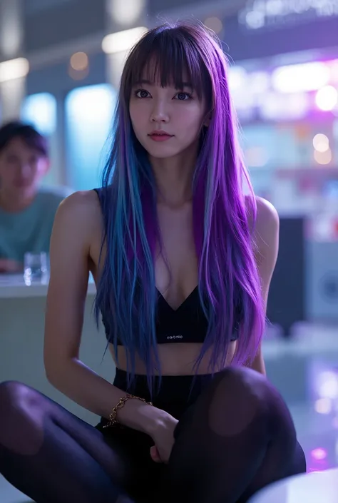 Future Girl,  clear skin ,  Clear Skin、  purple eyes , space, Purple Hair,  blue hair,  Pink Hair, Long Hair,  white skin, Futuristic Coffee Shop, Wear dark print tights、 sitting cross-legged