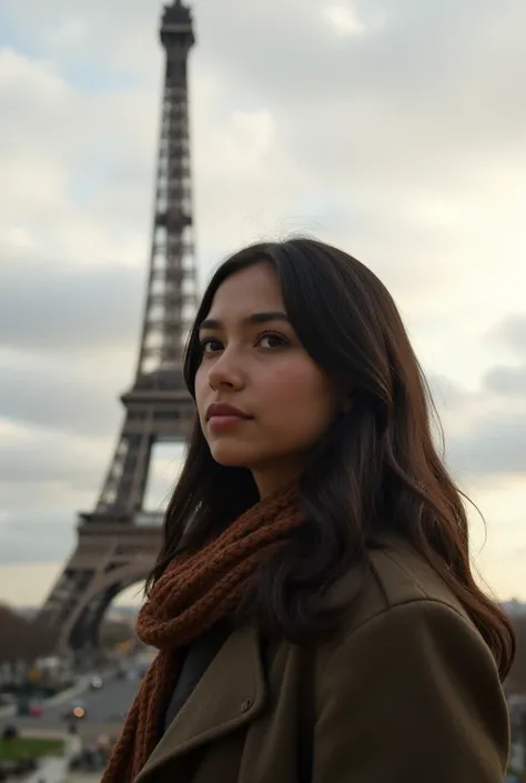 A young woman with brown skin and dark hair stands near the Eiffel Tower in Paris. She wears a stylish, modern outfit with a warm jacket and scarf, blending with the autumn or winter atmosphere. The Eiffel Tower is visible in the background under a cloudy ...