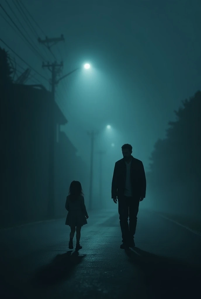 A man cautiously approaching a small girl on a dark, foggy night. His expression is concerned but hesitant. The road is silent and empty, with only his footsteps echoing. The fog thickens, and shadows loom around them."