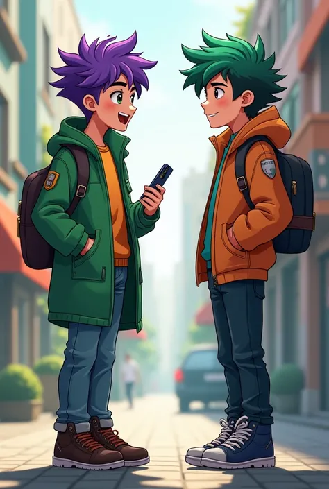 My OC

He has green and purple hair

Human body style 

Wear a green coat 

You have dark eyes 

Do you have an iPhone? 

And adolescent boy 

Pose talking to a friend 