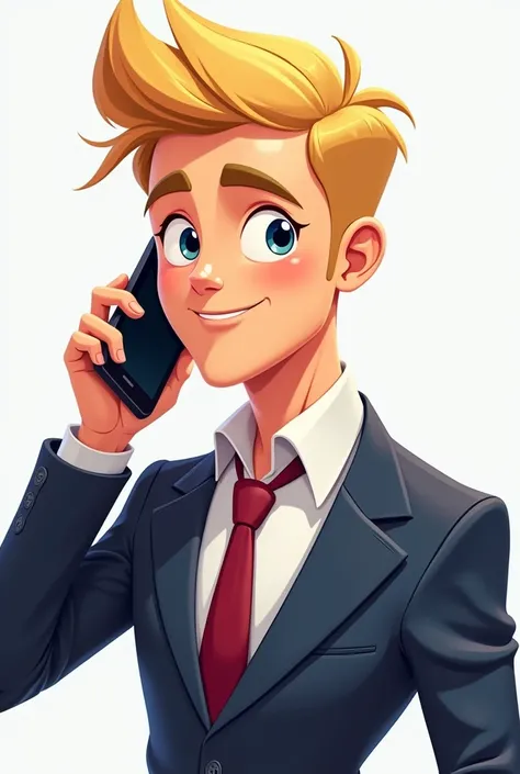  Create a cartoon male character, Young adult 28 years old handsome , in a suit,  blond with cell phone in his ear 