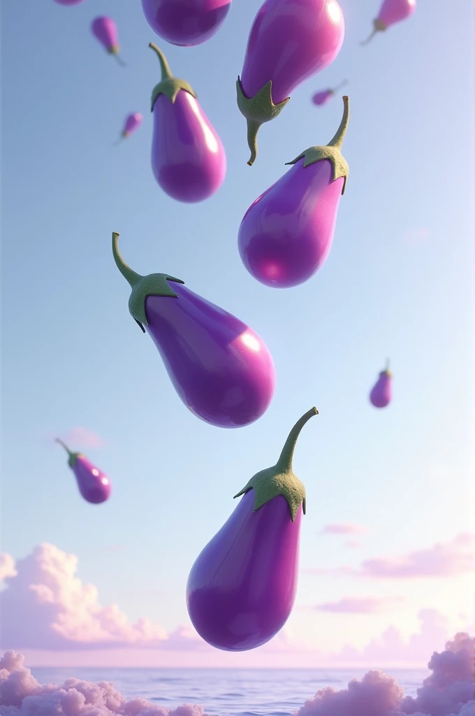 Eggplant fruits with a zenith plane fall in the sky