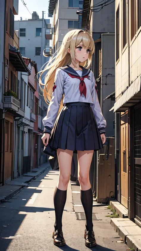 Best Quality, Realistic, photoRealistic,, Cinematic Light, 、 port town damaged by the earthquake and tsunami、Rough Streetscapes 、 has tattoos 、 armed high school girl 、 cute high school girl looking sideways、 blond high school girl equipped with a sword、 f...