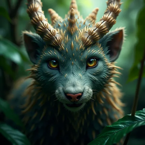 An ultra-close-up shot of a mythical creatures face with stunningly beautiful fur captured in a lush tropical rainforest, The realistic style highlights the intricate details of the fur and the creatures intense expression making the scene appear hyper-rea...