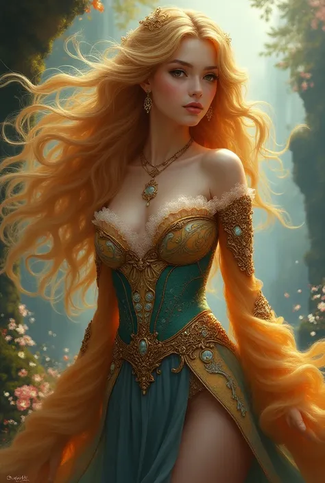 Young woman with yellow hair in cute costume and hat, fantasy character art, Amazing character art, arte de fantasy character épica, fantasy art HD,  epic and exquisite character art ,  realistic fantasy illustration , Woman fantasy,  epic fantasy art , fa...