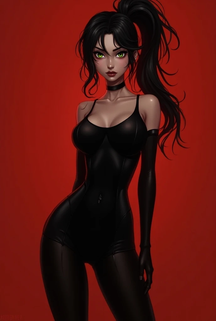 • Below :  A gradient from red to black .  • Main image : Emely is a tall and slender girl , with a slender figure. she has long dark hair,  that she usually wears loose or tied in a tall ponytail .  Her eyes are big and penetrating ,  with an intense gree...