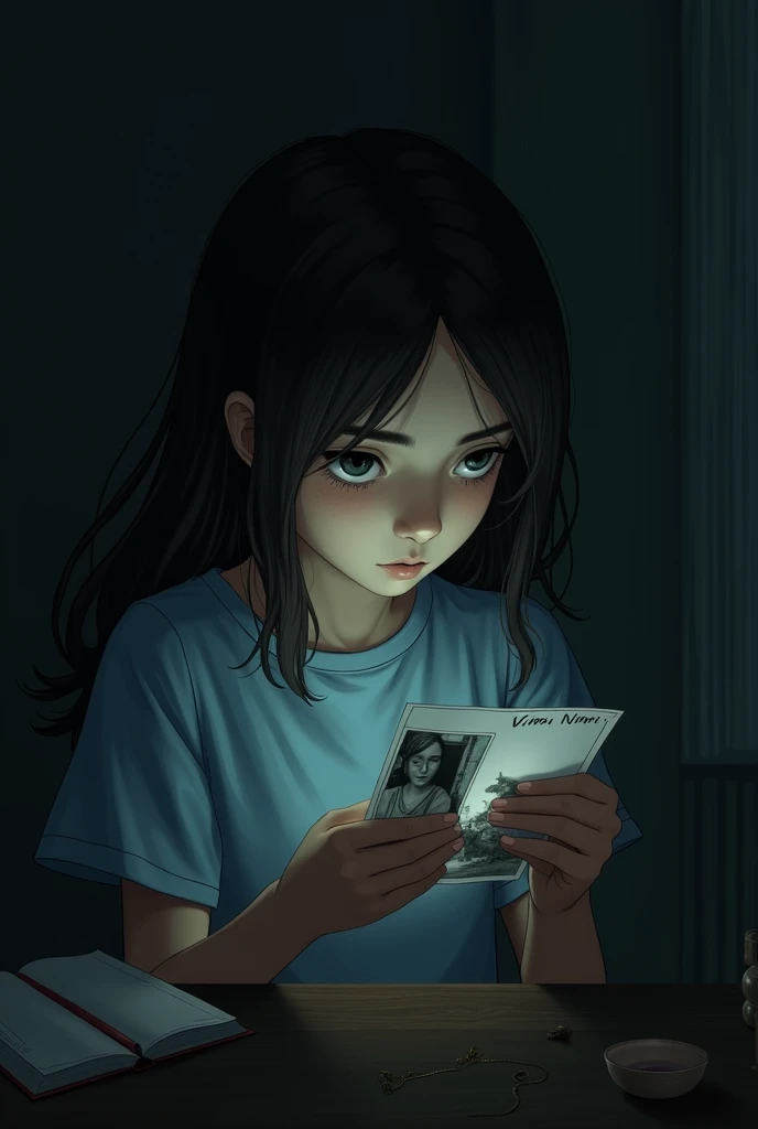 The girl looking at a photograph of Vinni, her eyes narrowed, deep in thought, the photo in her hands glowing faintly in the dim light, while the rest of the room grows darker.