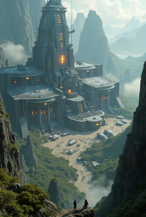 Draw me a picture of a military base in a fantasy world but still has modern elements and looks big and without people 