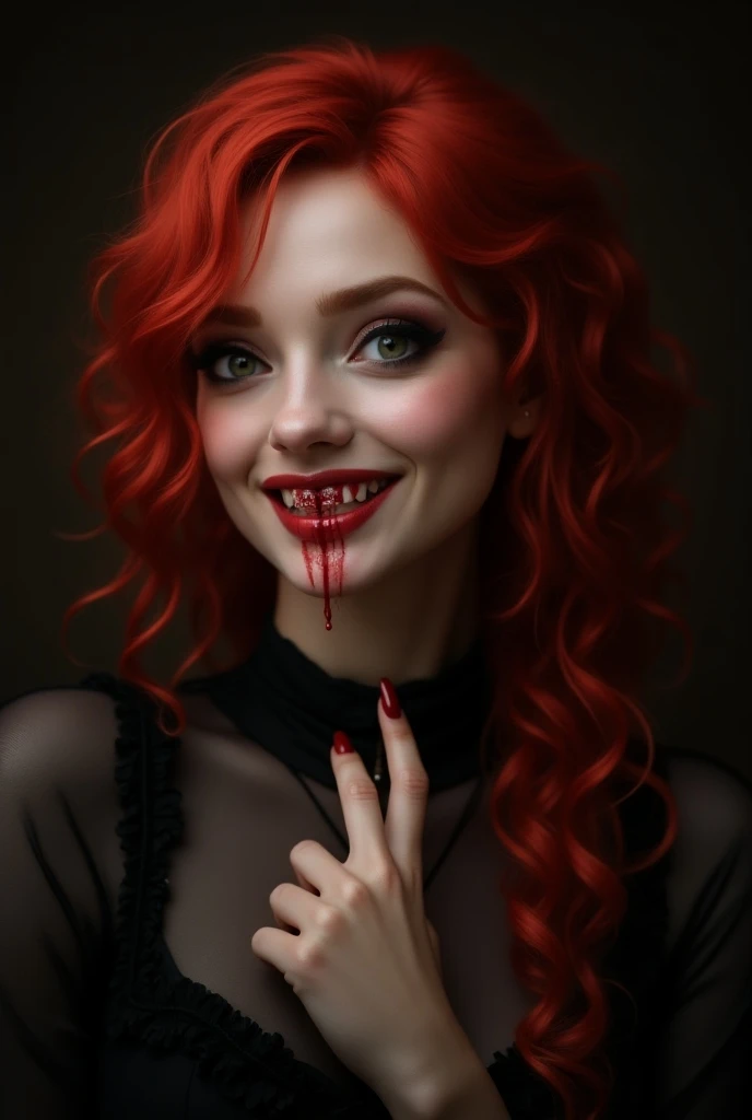 Cheerful red-haired vampire woman with blood on her teeth