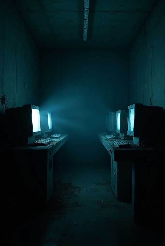 Scenario of an empty and dark room with computers