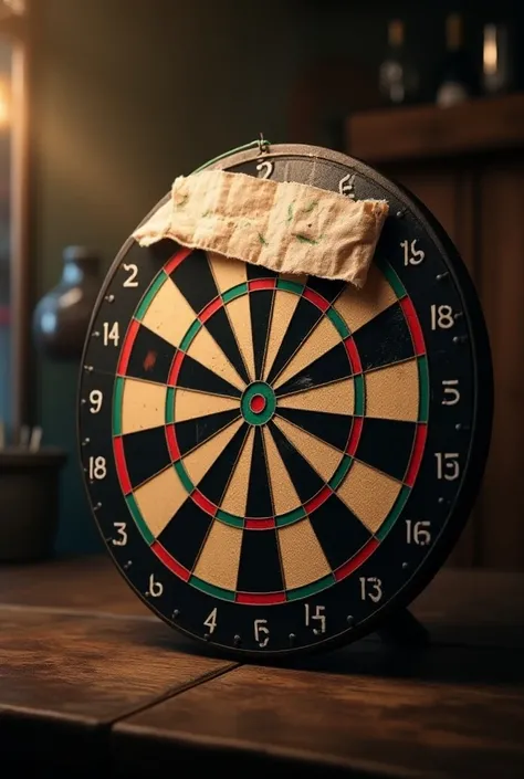 A dartboard that was treated with a bandage at the top 
