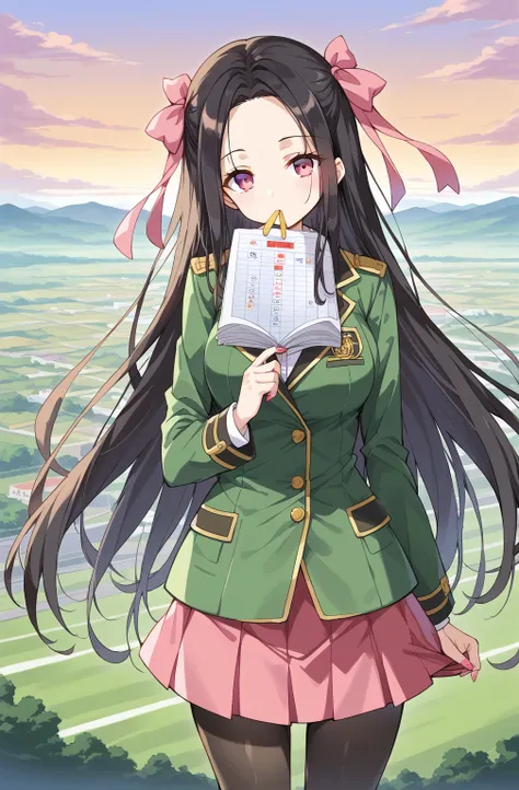 source_Cartoon, Morning Fragrance  ,    deep black hair with red ..很長Target髮, , 超長Target髮,  Pink Eyes , ribbon, Black pantyhose . black horse boots forehead ..Front.. hair ribbon ,  Gamemun Neko ,,  1 girl in , A brown , Ahead,  hair ribbon , common, long ...