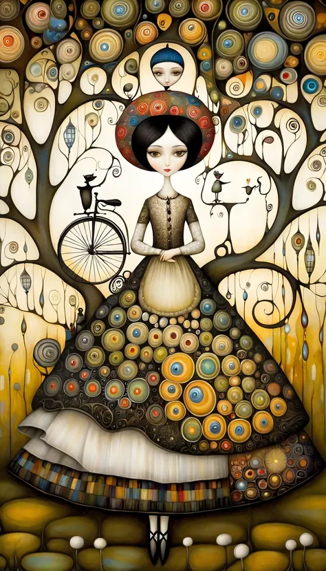 Patchwork by Klimt, Nicoletta Ceccoli, Naoto Hattori, Lawrence Didier, Leonora Carrington of EuropeanA woman with short black hair and a long, guiding vintage bikes, wide skirt is sitting under a large weeping willow tree and smiling. Aquilones, white dand...