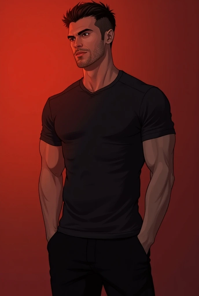 • Below :  A gradient from red to black .  • Main image :  Marcos is a tall and muscular boy ,  with an athletic physique .  His hair is short and dark ,  and dark brown eyes .  His face is strong and masculine ,  with an incipient beard .  He usually wear...