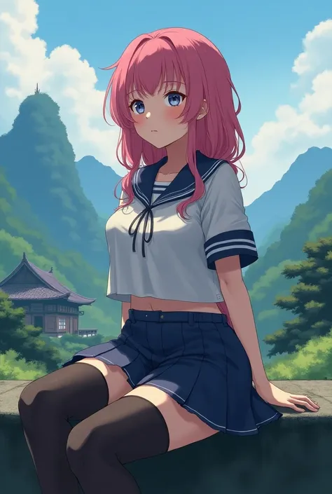 anime、 1 girl、 big breasts at the temple、valley、 slender、 sailor suit、pants、 big breasts at the temple、Loose clothing、Baggy clothes、 clothes that allow you to see the chest 、 stockings、skirt、 pink hair、Overreaching、Super detailed、Best Quality、masterpiece、 ...