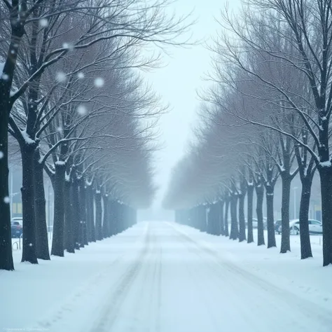 
Streets of trees on both sides of the road 　 its snowing　Silence　 The rows of trees continue to the back of the roadside station and it feels like winter　8K Photo　 Christmas