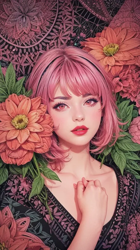 (ultra-  detailed background ,   detailed background ),   absurd,   high resolution down , Super detailed,   extremely detailed,   1 girl, Yae Miko,   Pink Hair,  Red eyes,Bright red lips, (bouquet:1.3), (Zentangle:1.2), (Geometric:1.2),( colorful ),red fl...