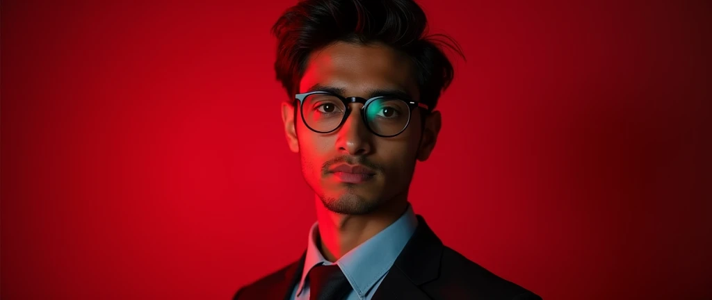 

19 year old indian boy With fair skin Wearing spectacles and narrow body Posing for a linkedin picture in formals red light in background