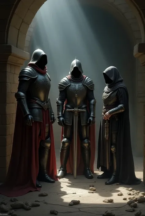 draw a picture of a knight, an assassin, and a wizard together after completing a mission