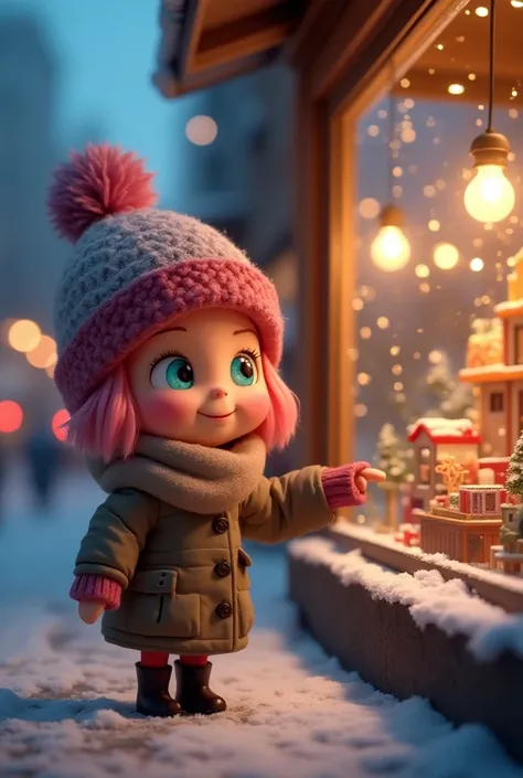  a cute  in pixar style , pink hair, turquoise eyes ,Winter clothes with bobble hat ,  is standing in the city and points at an illuminated shop window of a toy shop with a Playmobil railroad diorama, Toys,Evenings,happy, excited,joyful,winter,Snow, volume...