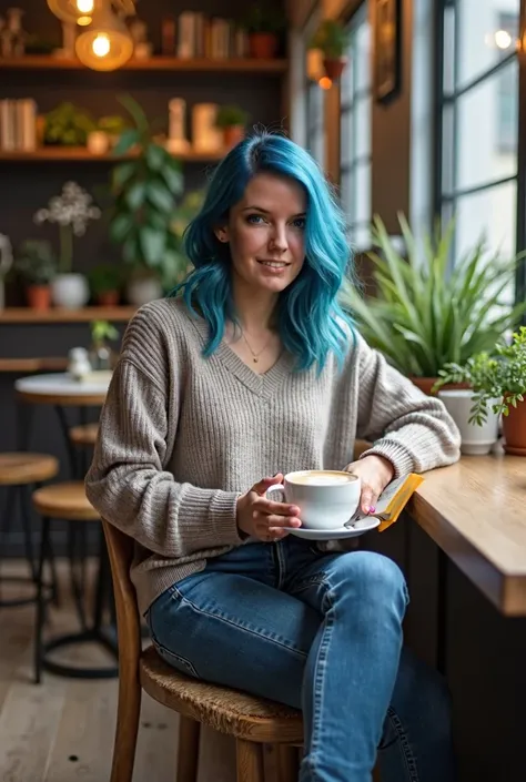  A stylish woman with blue hair is sitting in a modern café enjoying a latte macchiato.  She is wearing a chic sweater and casual jeans ,  while she is reading a book .  The café is tastefully furnished ,  with plants and cozy seating ,  which creates a re...