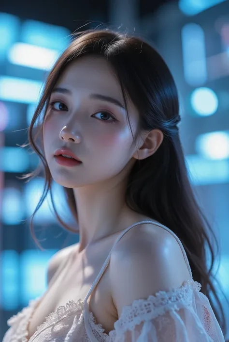  Beautiful Virtual Idols  ,  Detailed Digital Avatars  ,  Bright Holographic Figures ,  Translucent Iridescent Skin  ,  detailed facial features ,  charming smile , Slightly upturned eyes , Delicate expression ,  Long flowing hair,  elegant pose  ,  Surrea...