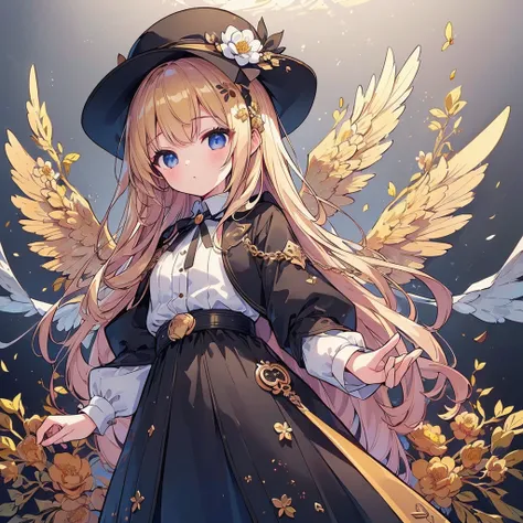 1girl,Handsome face、Baby Face、((( Best Composition 、Best Quality、 masterpiece、Super detailed、 high definition、Golden Ratio)))、 Flower Angel 、Flower Wings 、Black Hat、 Black Long Coat Dress、 White Belt 、