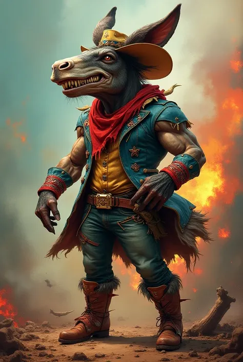 Donkey human body face like background very violent cowboy costume colourful