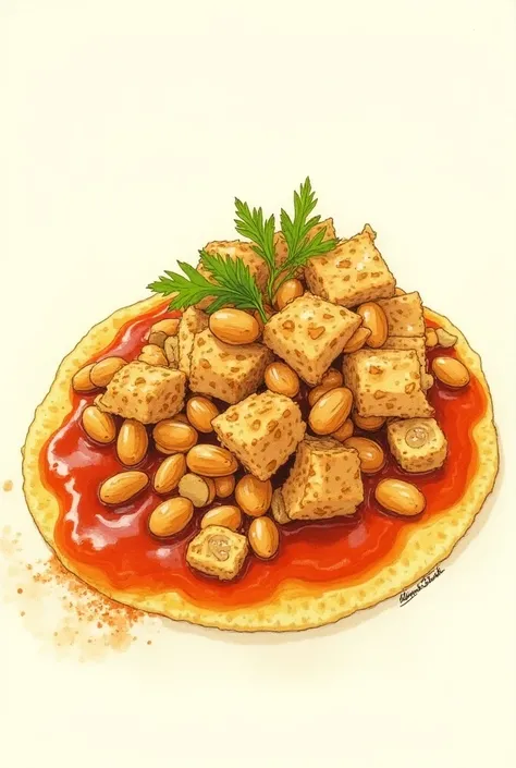 A sketched image of a peanut farofa with diced chicken with saffron sauce on top