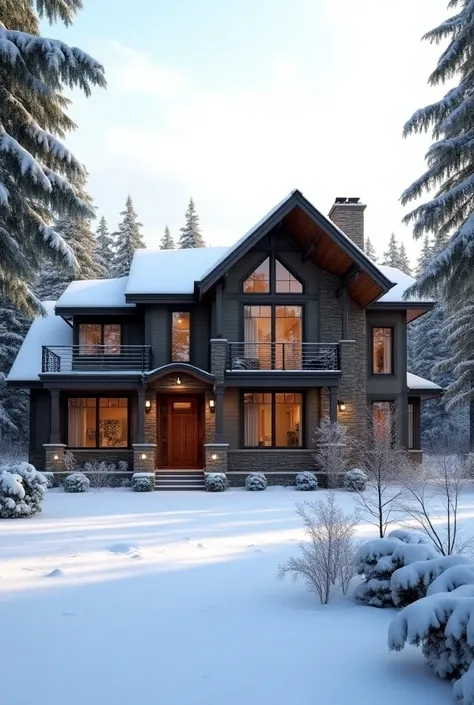 Nice luxury house in forest winter wiew