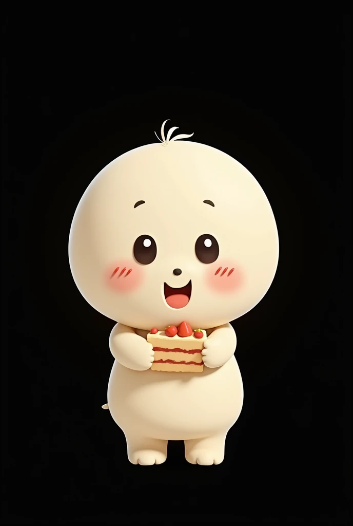 "A cute, minimalistic cartoon character with a round head, simple facial features, and large eyes smife face. with cake, smile and open mouth ,The characters body is simple and rounded, without detailed limbs, and the background is plain or a light neutral...