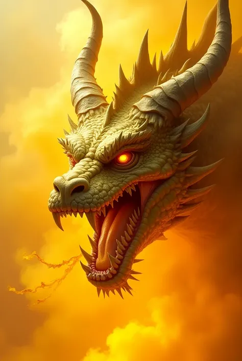 Face of a ferocious dragon with flames only in yellow tones