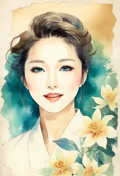 Watercolor、 old paper texture、Damaged Paper、Old style、Faded colors合い、Thick Fog、composition、Golden Ratio、Functional、grace、 details、background、Soft colors、Blurred Lines、Ayano Fujisaki, 48 years old, round face,  Teal Eyelids, detailed laugh 1.4,  elegant , F...