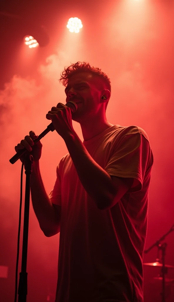  hurting man singing into the microphone on stage with smoke coming out of his mouth, concert photography, live concert photography,  Stage Performance , vocalist,  singing into the microphone , Stage photo , concert photo,  wrapping into the microphone , ...