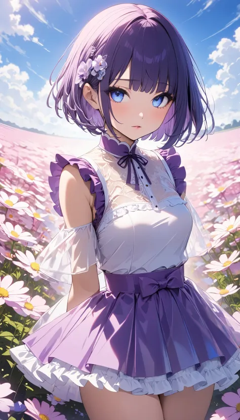 （( Deep Purple Short Bob Cut:1.8))、((masterpiece,Best Quality, ultra high resolution))、(((Sexy 25 Year Old Woman )))、（Anime face、delicate、 dynamic、Healthy Body）、（Height: 160cm）、(( Anatomically Correct Body ))、（Small Breasts:0.2）、（Focus on the face、 full bo...