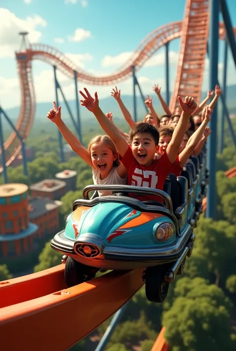 People spinning around on a roller coaster with their arms raised 