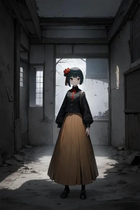  1 girl,Alone,Qianqiu Private,Hair accessories,lack jacket, long sleeve ,Two-tone shirt,  neck ribbon , brown skirt ,Thigh length, backpack in an abandoned house, standing on the ground ,front,front図,Positive,masterpiece,Best Quality, very pretty , absurd,