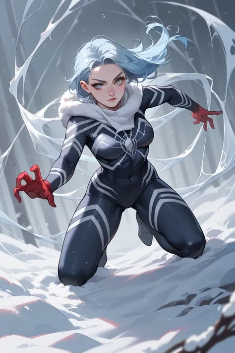 Spider-woman demon with light blue tones and gray eyes, snow-white skin as well as her hair that ends in intense light blue like her limbs. 