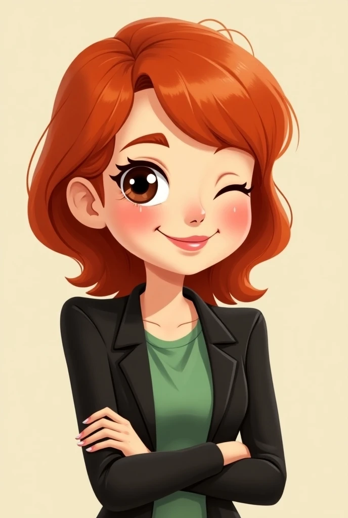  Create a -looking cartoon,  rounder face and smaller neck , a red-haired woman with medium hair , and brown eyes , Winking with one eye, wearing a green blouse with a black blazer over the top ,  make it with a more and more cute expression with slightly ...