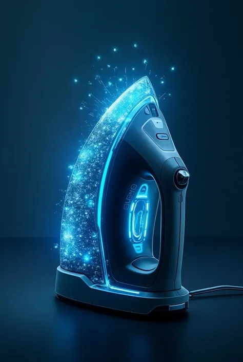 Digital numbers, blue graphics, plasma on the top of the top of a hyperrealistic electronic futuristic digital household clothes iron..