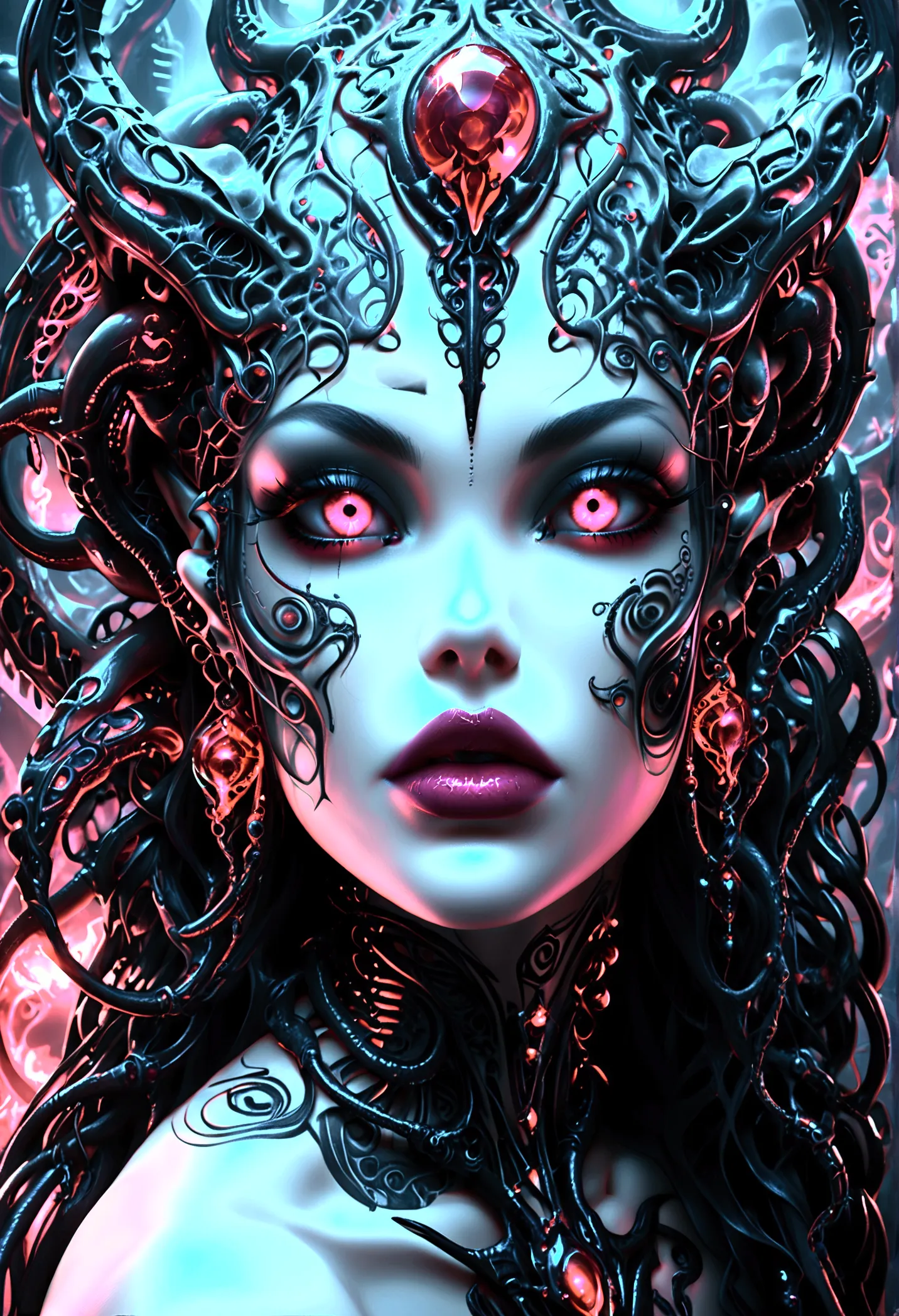 create an image of stunningly gorgeous beautiful perfect hr giger tattooed sexy seductive demonic girl, stunningly gorgeous perf...