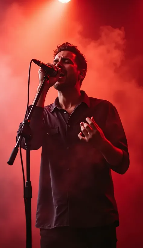  hurting man singing into the microphone on stage with smoke coming out of his mouth, concert photography, live concert photography,  Stage Performance , vocalist,  singing into the microphone , Stage photo , concert photo,  wrapping into the microphone , ...