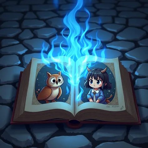  Pages In the middle of the paving stones of a medieval city, a book with vivid pictures burns blue (Natural colored Owlbear with big anime-style cartoon sad eyes ) on one page and  ( cartoon Tiefling with horns and tail anime-style girl with big kind eyes...