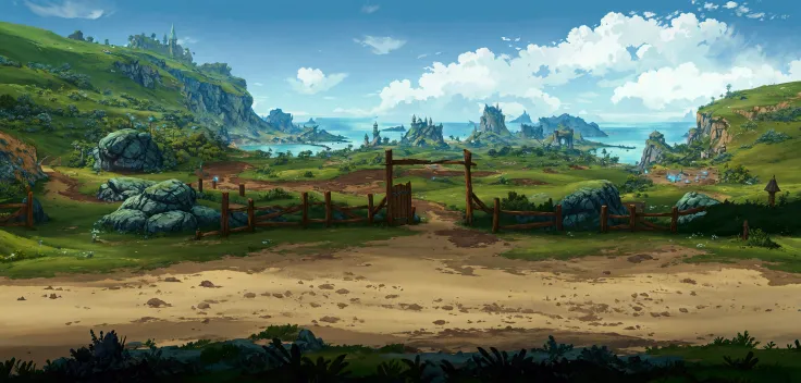 A landscape painting， There is a path leading to the beach,Fences，Fence，wooden frame ，Wooden door，  final fantasy VLL world concept ,  Background Art, Drawn as a game concept map ,  village background in the distance , Landscape Game Concept Art, mobile Ga...