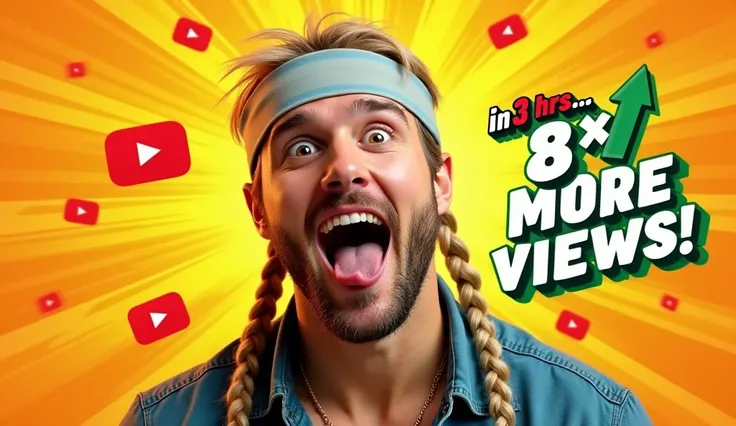 "Create a vibrant YouTube thumbnail featuring a man with braided blonde hair and a headband, showing an excited expression with his tongue out. Use a dynamic yellow and orange gradient background with abstract radiating shapes. Add bold white text outlined...